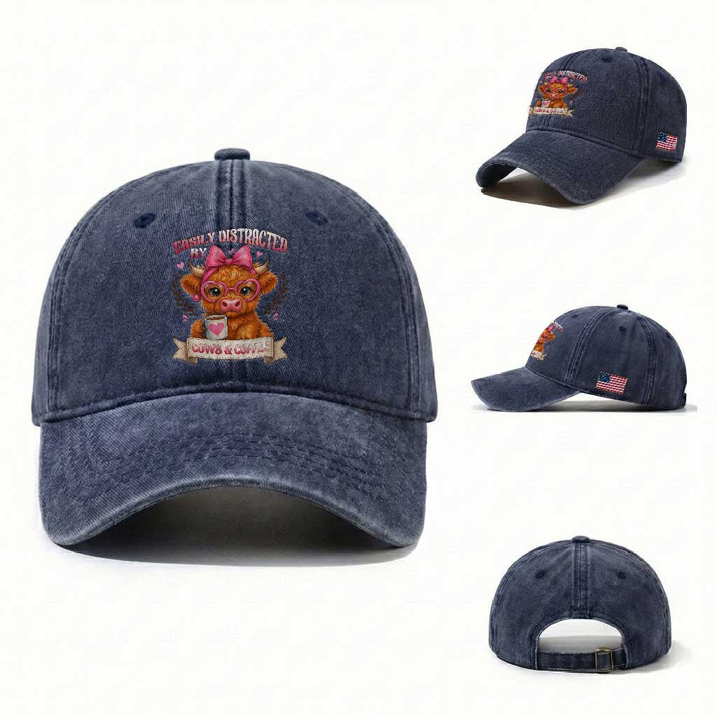Easily Distracted By Cow And Coffee Washed Cotton Baseball Cap Funny Highland Cow