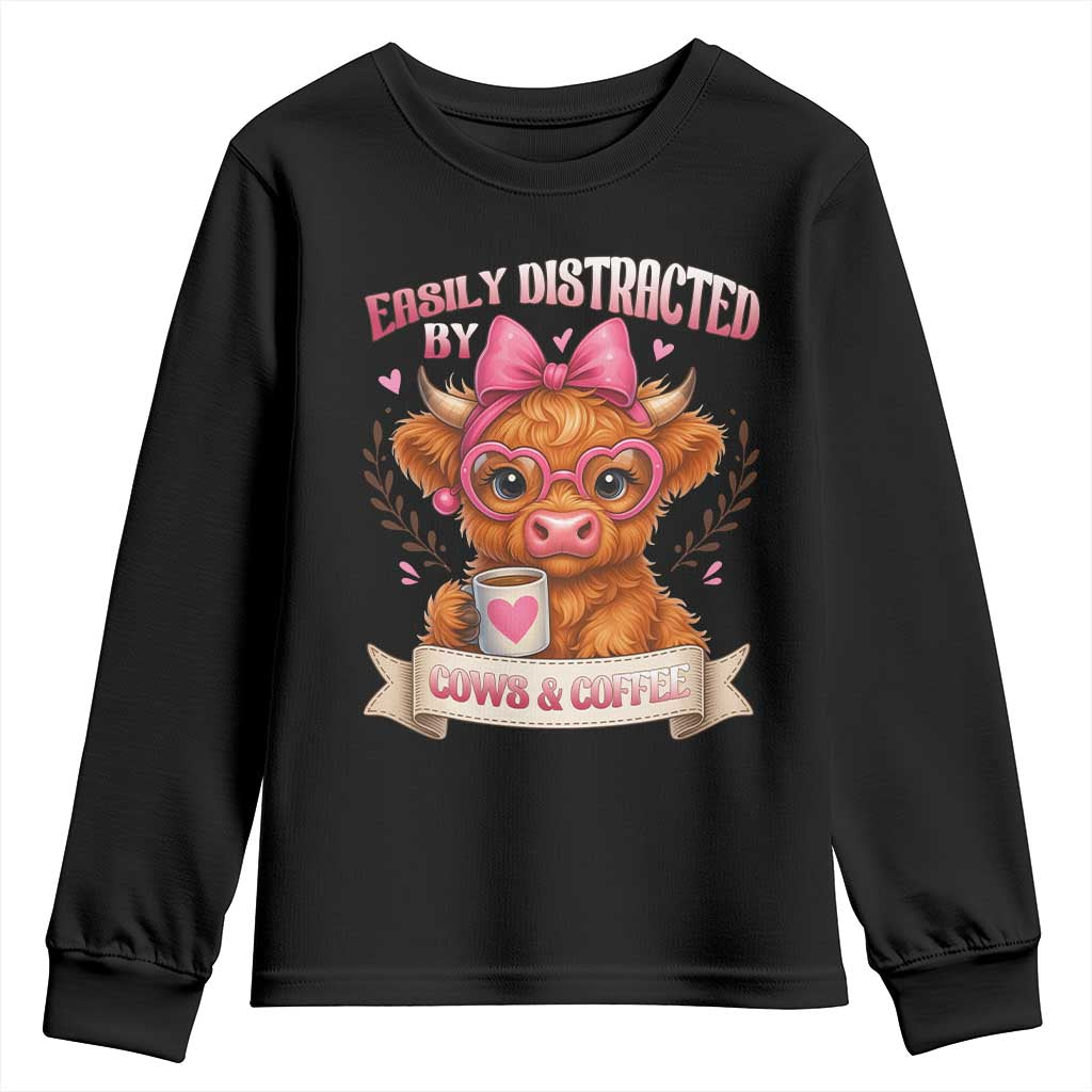 Easily Distracted By Cow And Coffee Youth Sweatshirt Funny Highland Cow - Wonder Print Shop