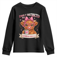 Easily Distracted By Cow And Coffee Youth Sweatshirt Funny Highland Cow - Wonder Print Shop