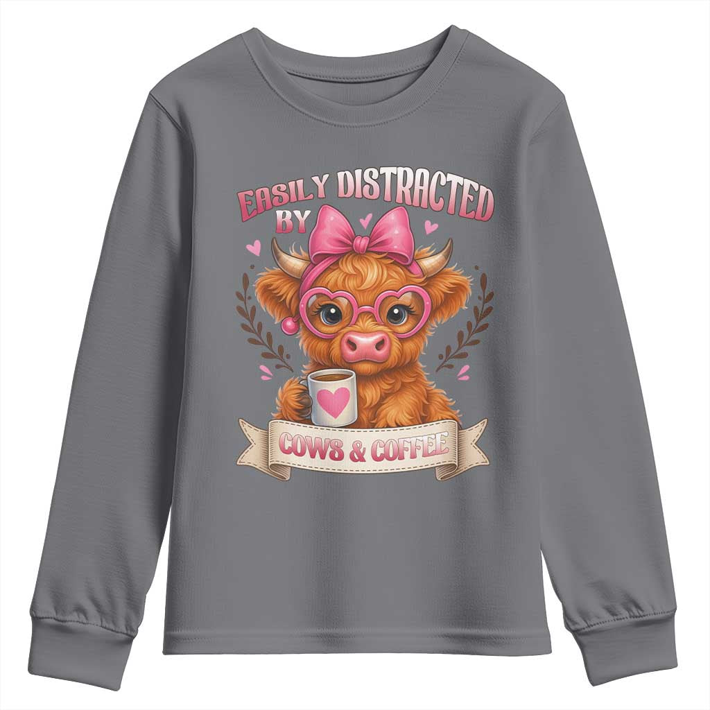 Easily Distracted By Cow And Coffee Youth Sweatshirt Funny Highland Cow - Wonder Print Shop