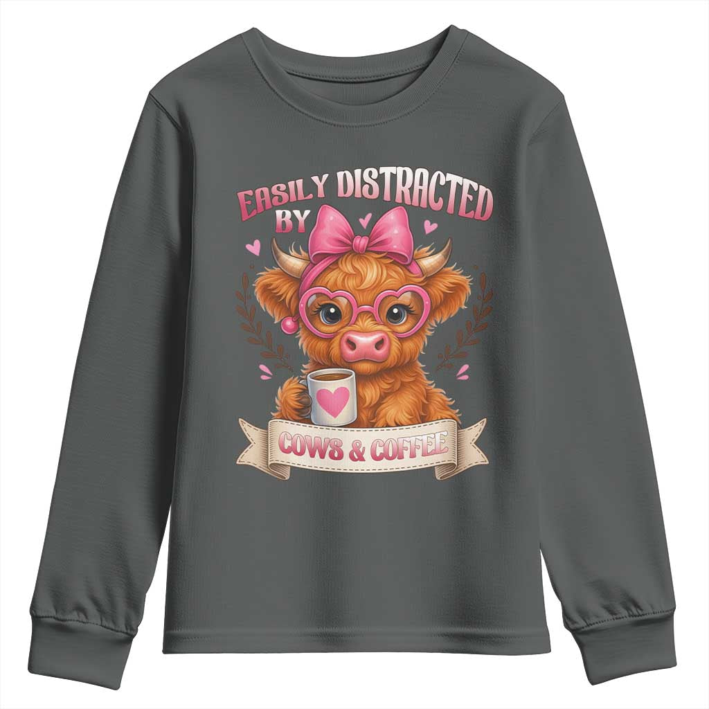 Easily Distracted By Cow And Coffee Youth Sweatshirt Funny Highland Cow - Wonder Print Shop