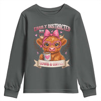 Easily Distracted By Cow And Coffee Youth Sweatshirt Funny Highland Cow - Wonder Print Shop