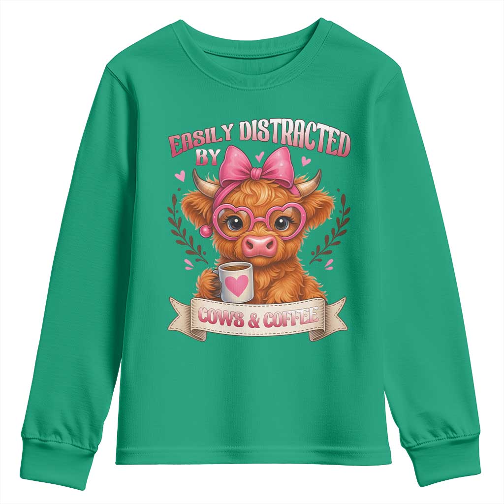 Easily Distracted By Cow And Coffee Youth Sweatshirt Funny Highland Cow - Wonder Print Shop