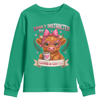 Easily Distracted By Cow And Coffee Youth Sweatshirt Funny Highland Cow - Wonder Print Shop