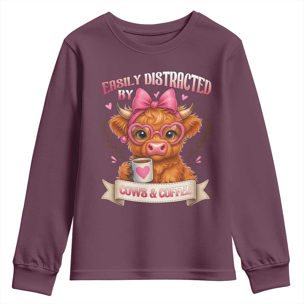 Easily Distracted By Cow And Coffee Youth Sweatshirt Funny Highland Cow - Wonder Print Shop
