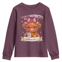 Easily Distracted By Cow And Coffee Youth Sweatshirt Funny Highland Cow - Wonder Print Shop