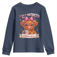 Easily Distracted By Cow And Coffee Youth Sweatshirt Funny Highland Cow - Wonder Print Shop