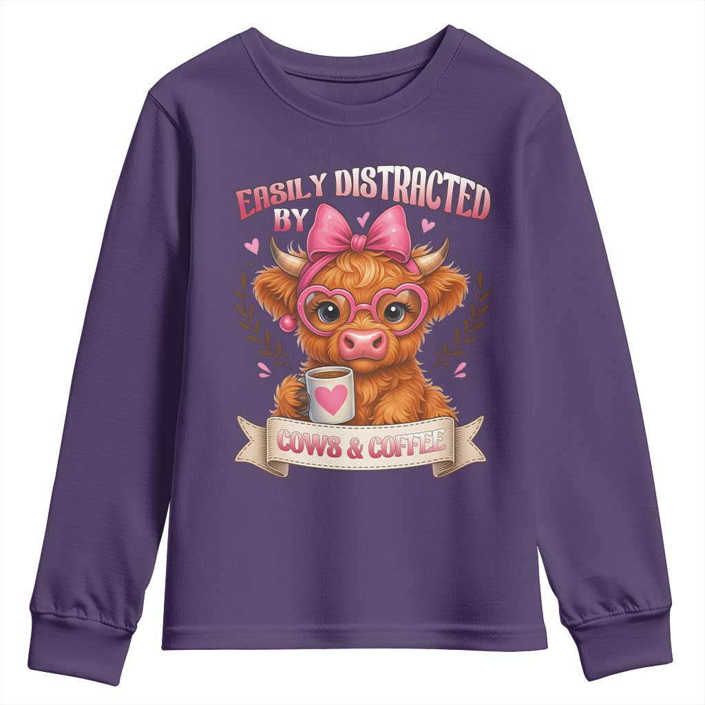 Easily Distracted By Cow And Coffee Youth Sweatshirt Funny Highland Cow - Wonder Print Shop