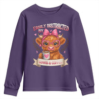 Easily Distracted By Cow And Coffee Youth Sweatshirt Funny Highland Cow - Wonder Print Shop
