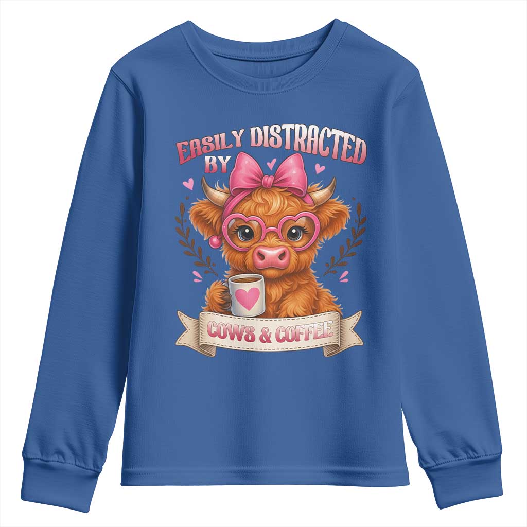 Easily Distracted By Cow And Coffee Youth Sweatshirt Funny Highland Cow - Wonder Print Shop