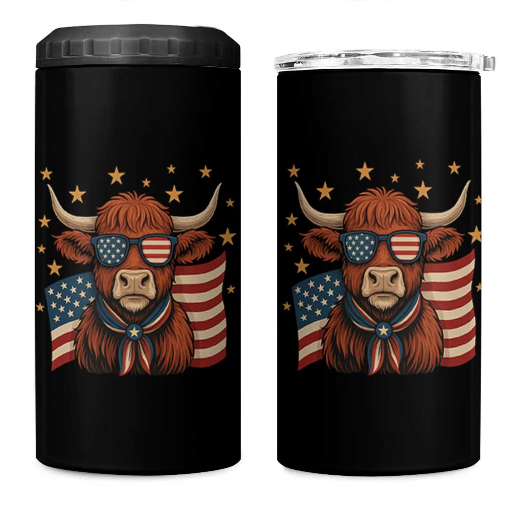 Funny Highland Cow 4 in 1 Can Cooler Tumbler USA Flag Patriotic Cow Farmer