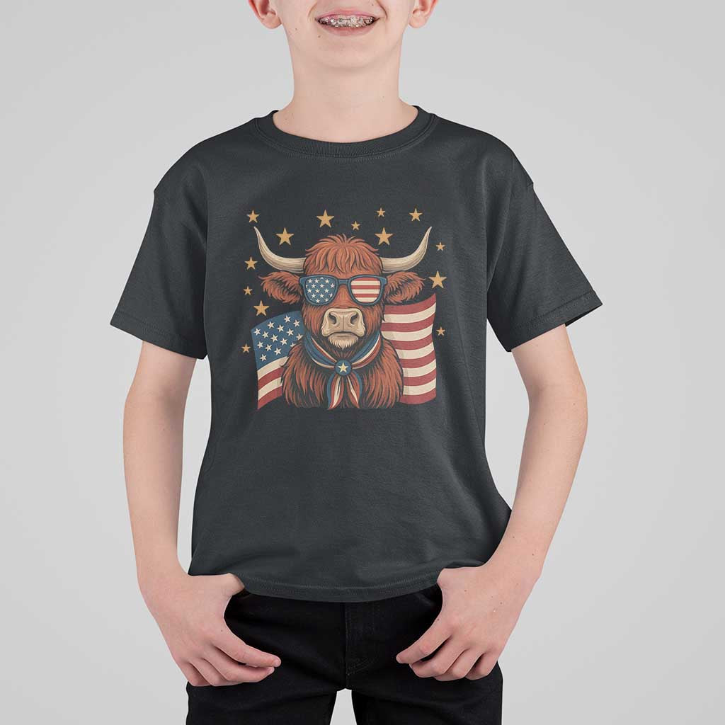 Funny Highland Cow T Shirt For Kid USA Flag Patriotic Cow Farmer - Wonder Print Shop
