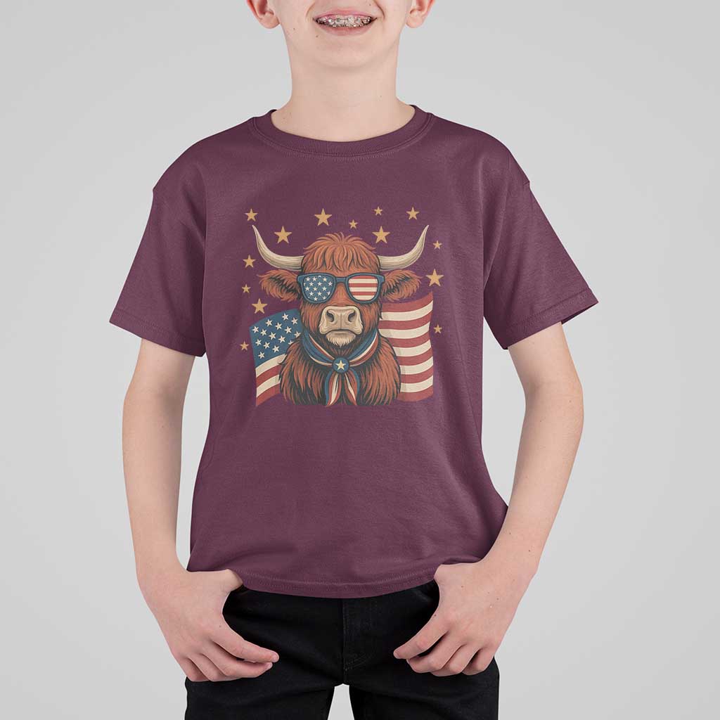 Funny Highland Cow T Shirt For Kid USA Flag Patriotic Cow Farmer - Wonder Print Shop