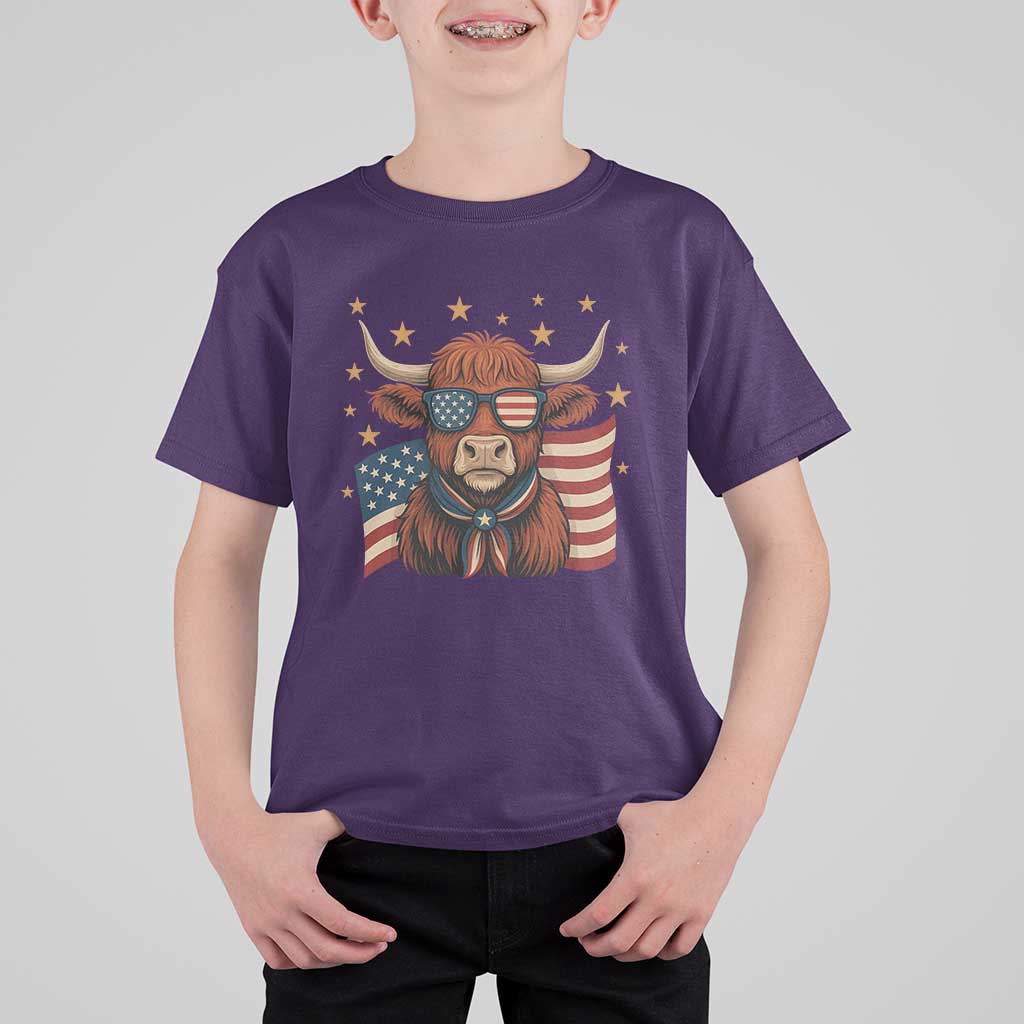 Funny Highland Cow T Shirt For Kid USA Flag Patriotic Cow Farmer - Wonder Print Shop