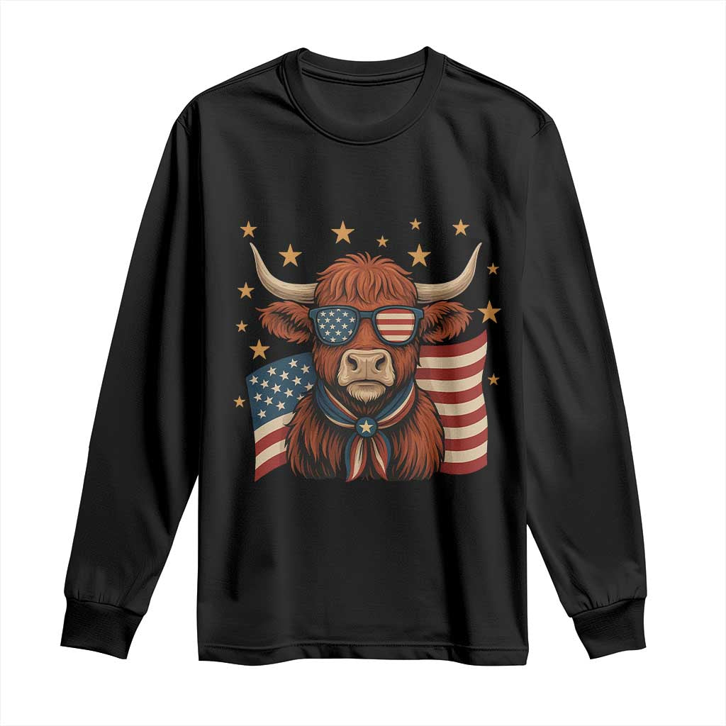 Funny Highland Cow Long Sleeve Shirt USA Flag Patriotic Cow Farmer - Wonder Print Shop