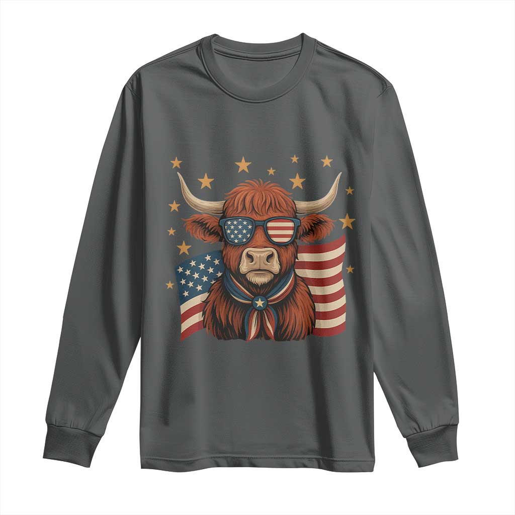 Funny Highland Cow Long Sleeve Shirt USA Flag Patriotic Cow Farmer - Wonder Print Shop