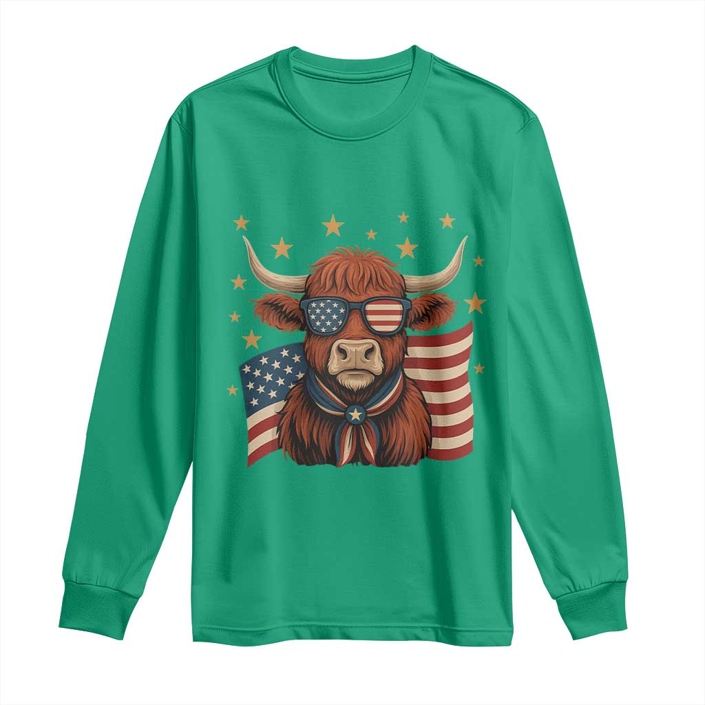 Funny Highland Cow Long Sleeve Shirt USA Flag Patriotic Cow Farmer - Wonder Print Shop