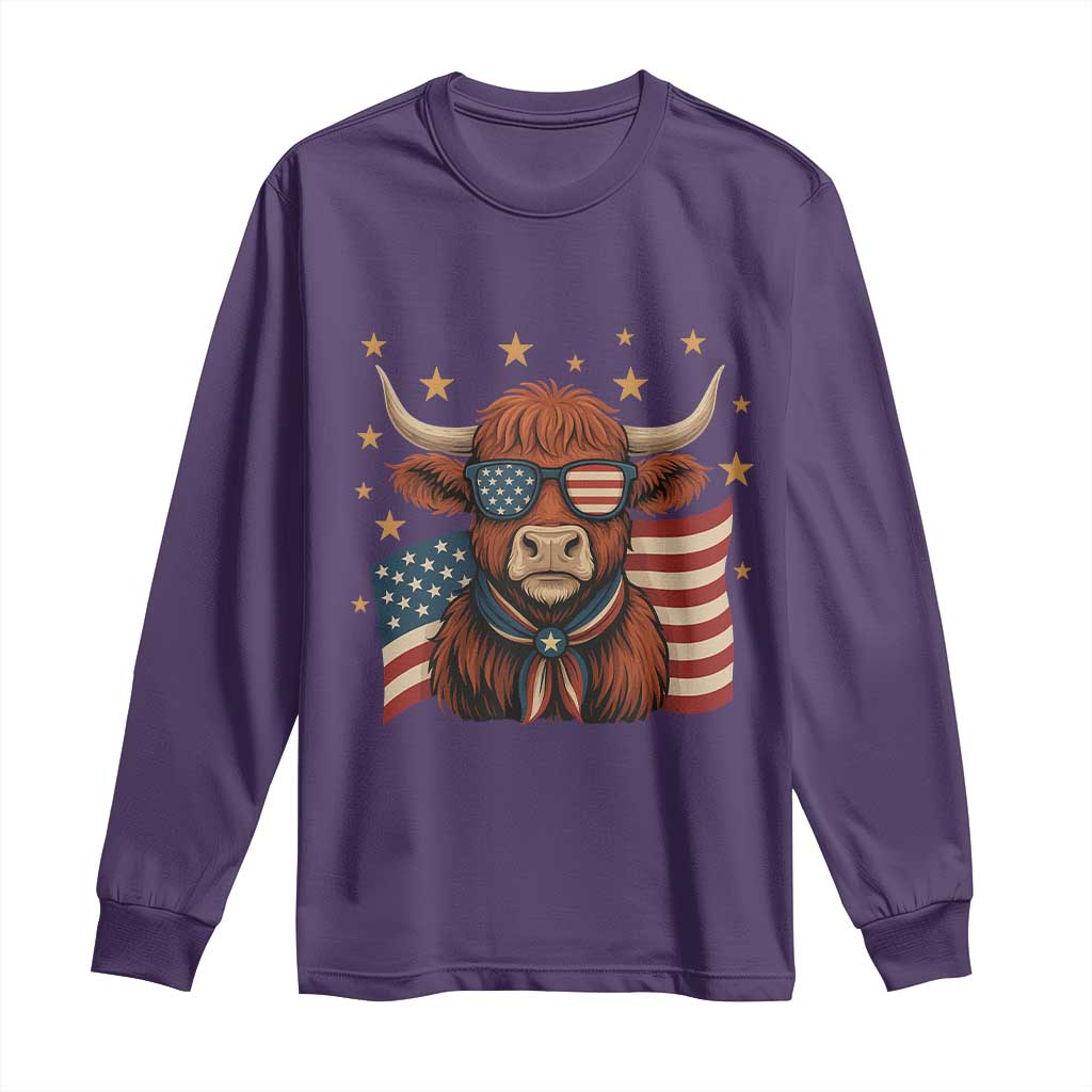 Funny Highland Cow Long Sleeve Shirt USA Flag Patriotic Cow Farmer - Wonder Print Shop