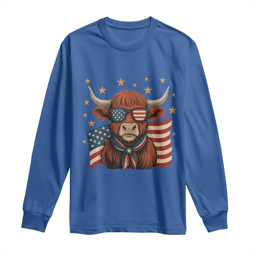 Funny Highland Cow Long Sleeve Shirt USA Flag Patriotic Cow Farmer - Wonder Print Shop
