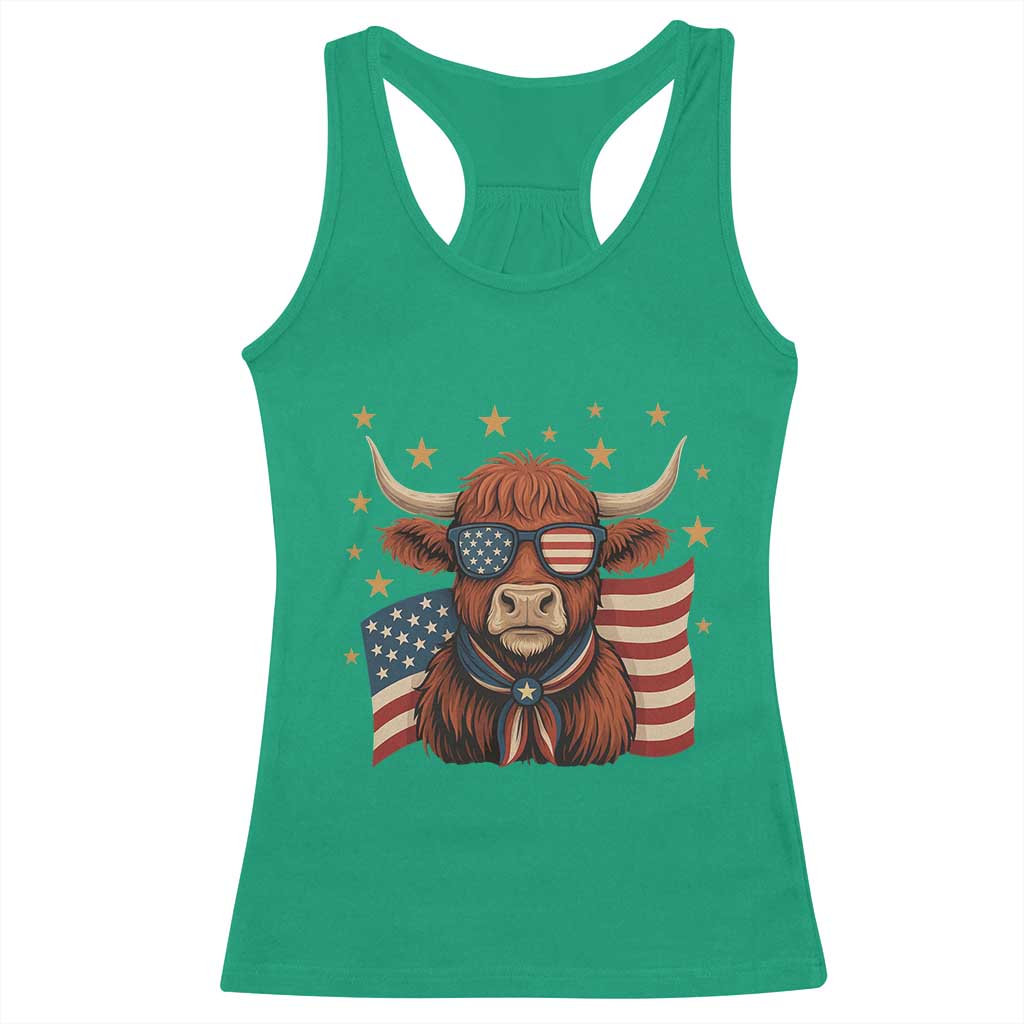 Funny Highland Cow Racerback Tank Top USA Flag Patriotic Cow Farmer - Wonder Print Shop