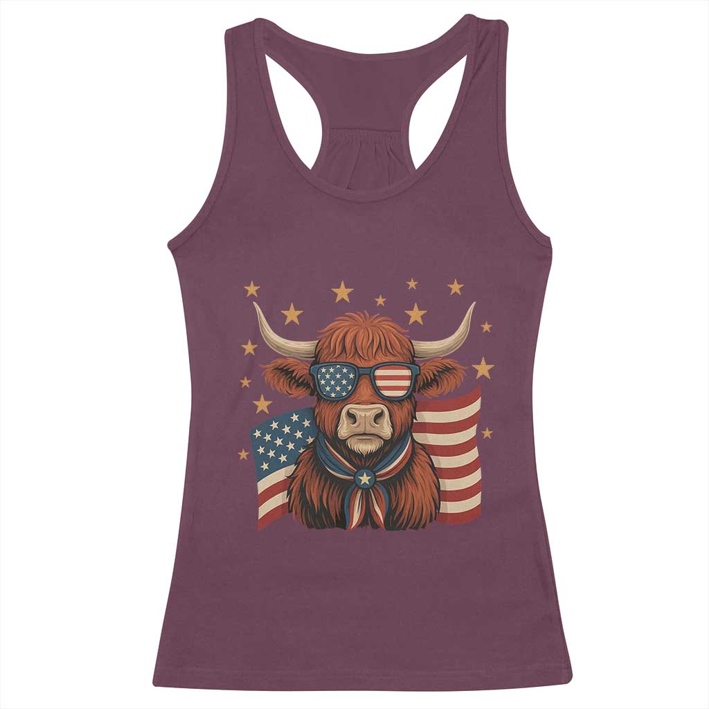 Funny Highland Cow Racerback Tank Top USA Flag Patriotic Cow Farmer - Wonder Print Shop