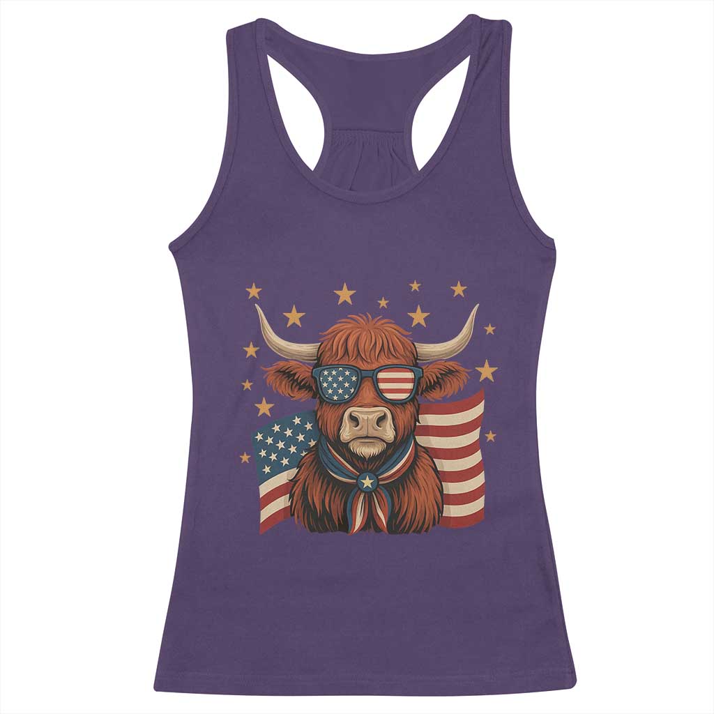 Funny Highland Cow Racerback Tank Top USA Flag Patriotic Cow Farmer - Wonder Print Shop