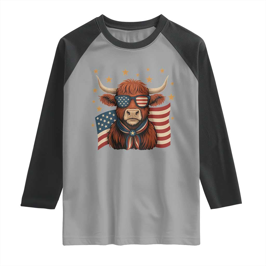 Funny Highland Cow Raglan Shirt USA Flag Patriotic Cow Farmer - Wonder Print Shop