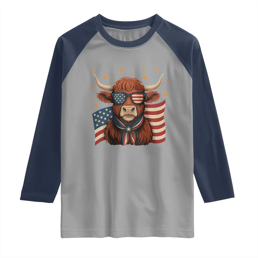 Funny Highland Cow Raglan Shirt USA Flag Patriotic Cow Farmer - Wonder Print Shop