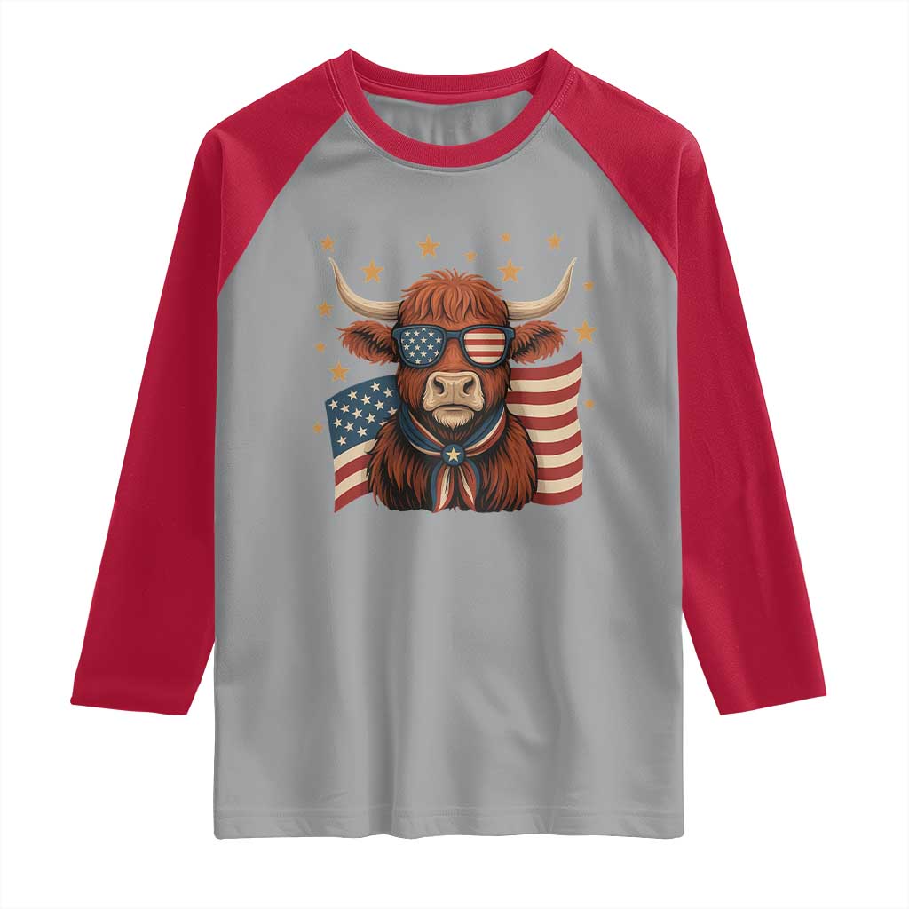 Funny Highland Cow Raglan Shirt USA Flag Patriotic Cow Farmer - Wonder Print Shop