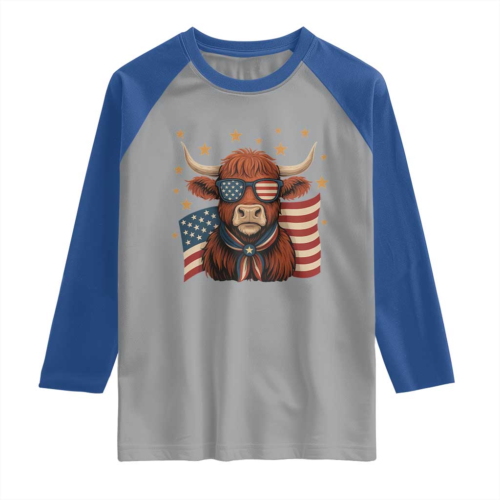 Funny Highland Cow Raglan Shirt USA Flag Patriotic Cow Farmer - Wonder Print Shop