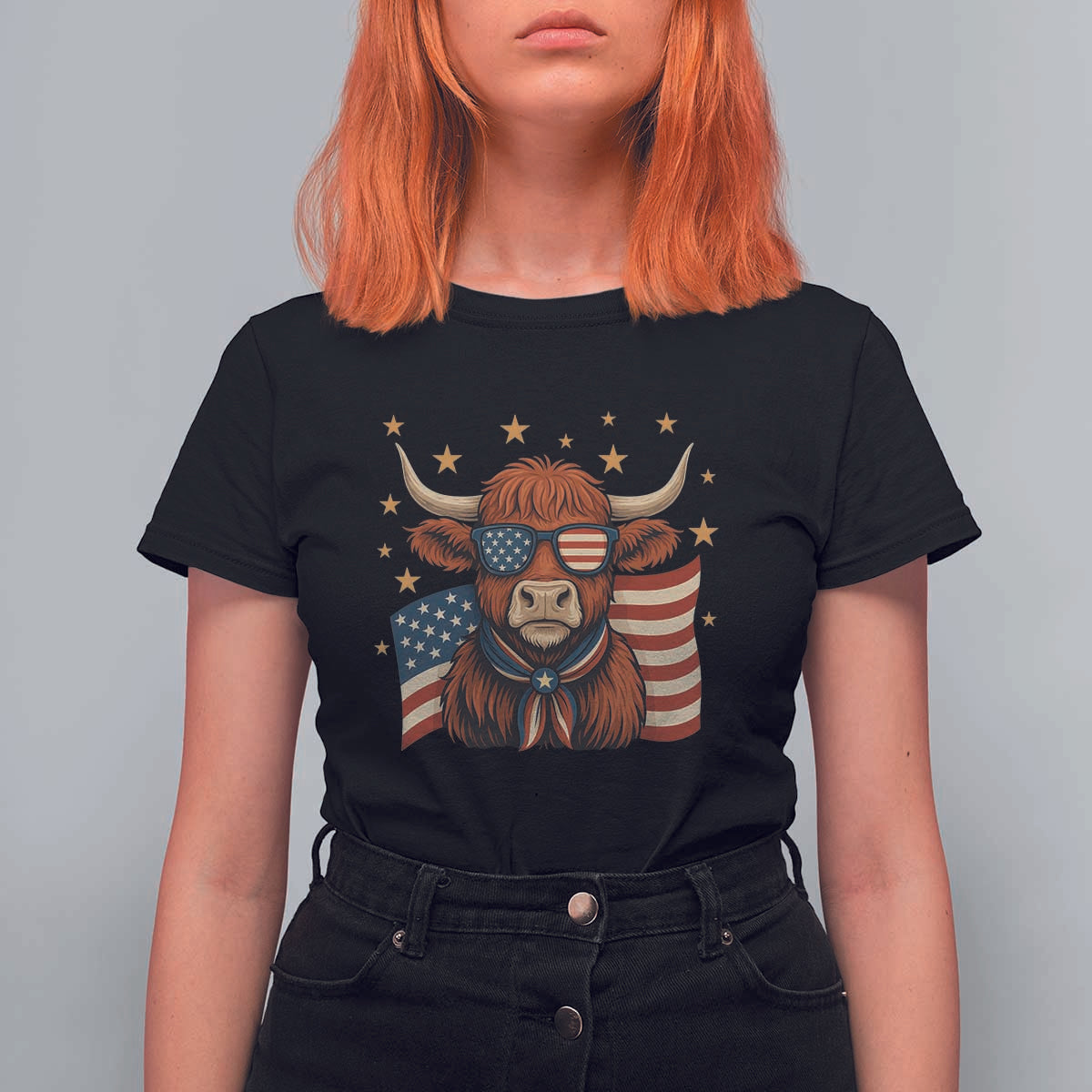 Funny Highland Cow T Shirt For Women USA Flag Patriotic Cow Farmer - Wonder Print Shop