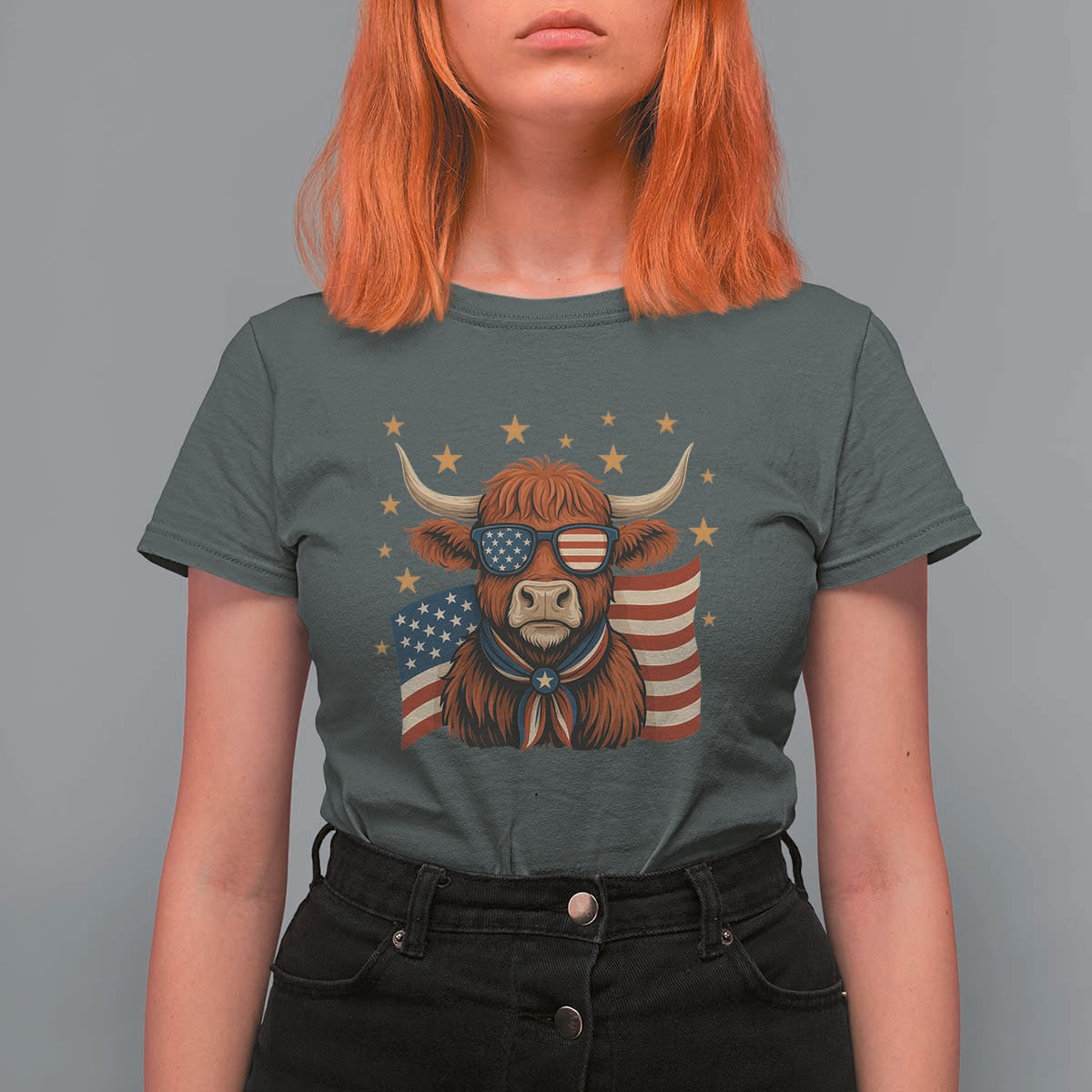 Funny Highland Cow T Shirt For Women USA Flag Patriotic Cow Farmer - Wonder Print Shop