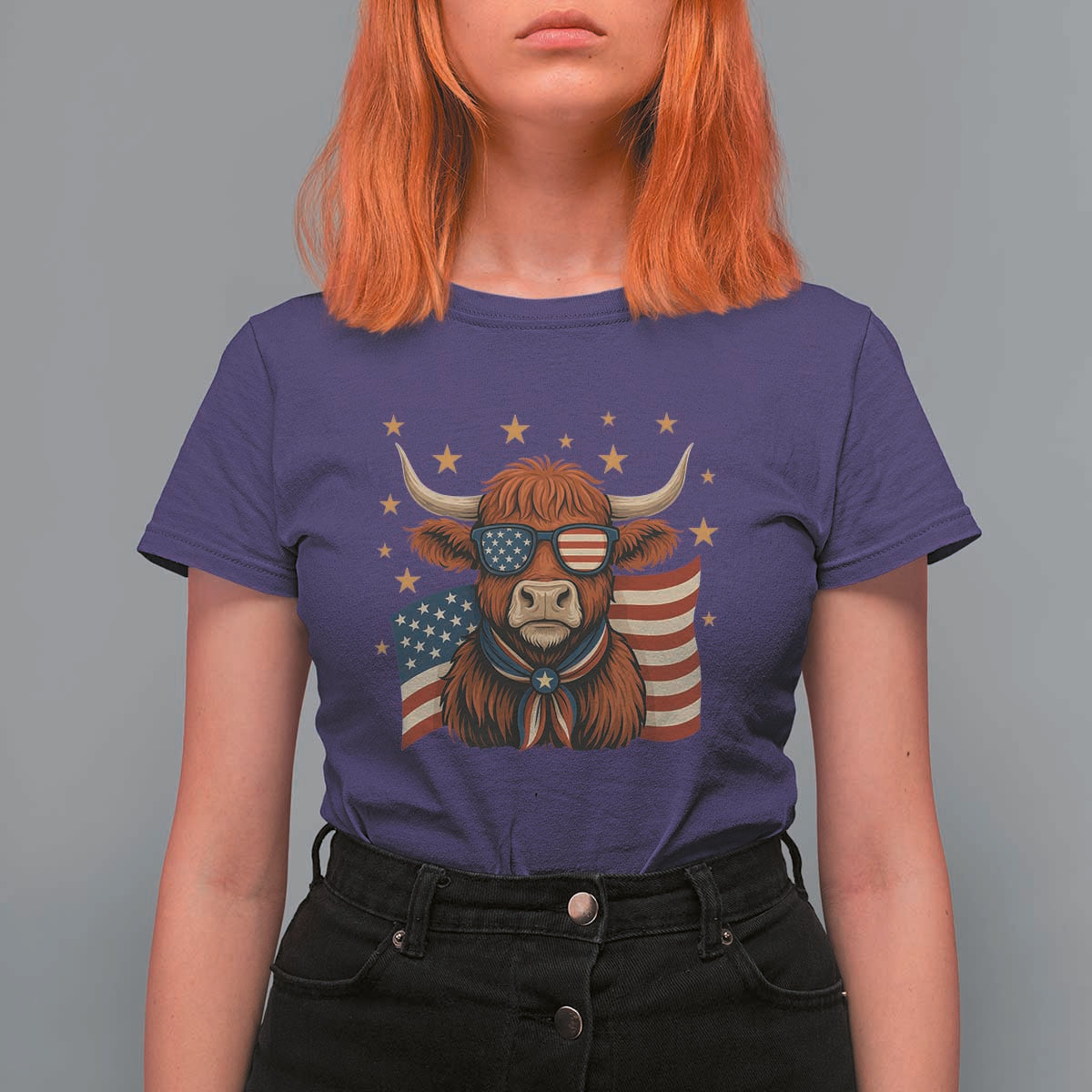 Funny Highland Cow T Shirt For Women USA Flag Patriotic Cow Farmer - Wonder Print Shop