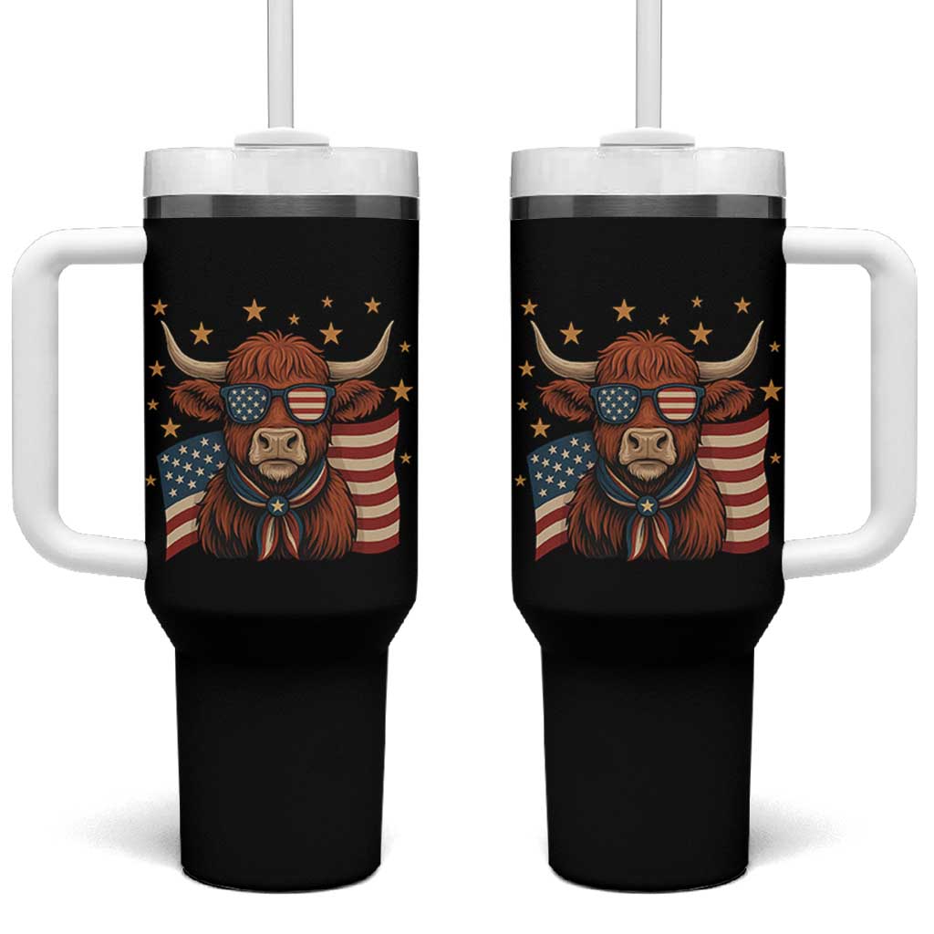 Funny Highland Cow Tumbler With Handle USA Flag Patriotic Cow Farmer