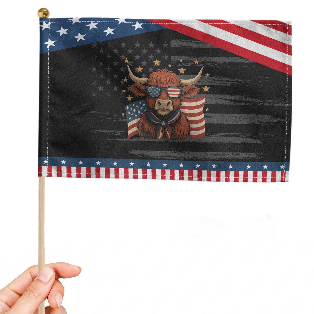 Funny Highland Cow Patriotic Handheld Flag USA Flag Patriotic Cow Farmer