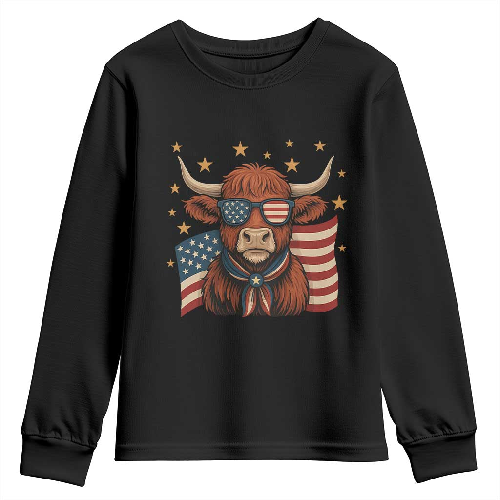 Funny Highland Cow Youth Sweatshirt USA Flag Patriotic Cow Farmer - Wonder Print Shop