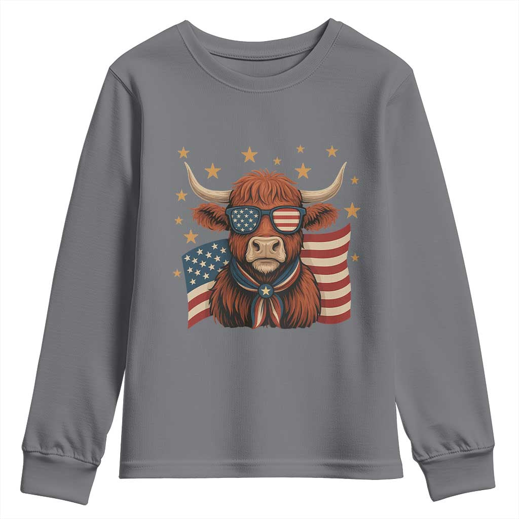 Funny Highland Cow Youth Sweatshirt USA Flag Patriotic Cow Farmer - Wonder Print Shop