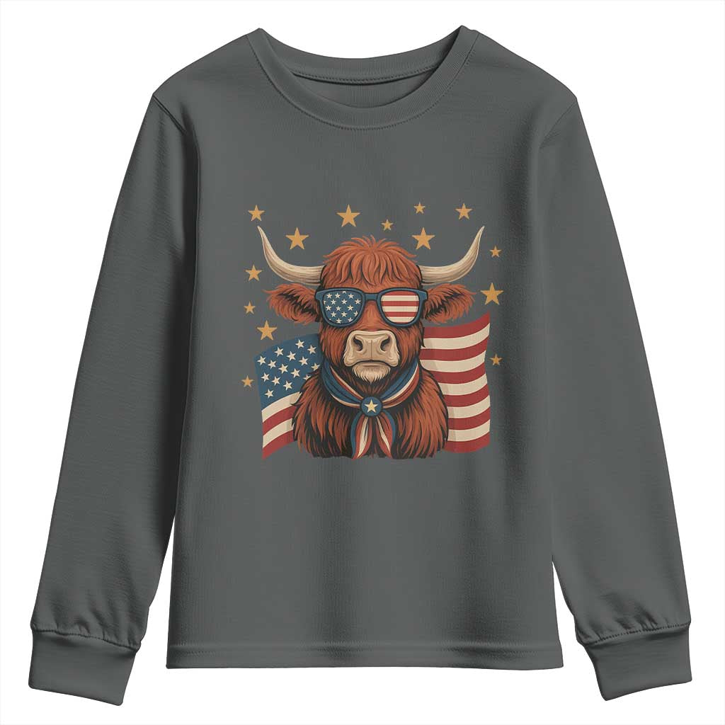 Funny Highland Cow Youth Sweatshirt USA Flag Patriotic Cow Farmer - Wonder Print Shop
