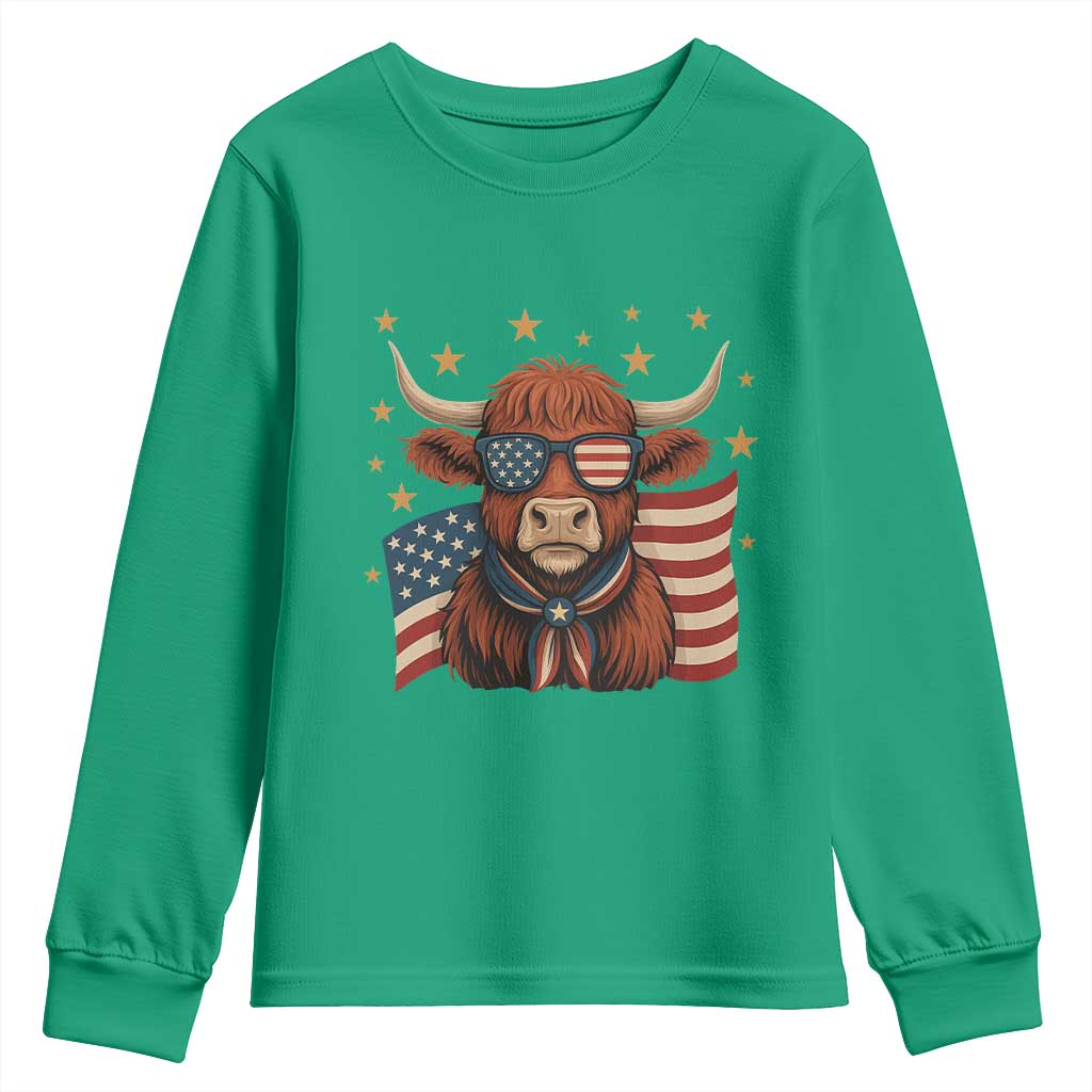 Funny Highland Cow Youth Sweatshirt USA Flag Patriotic Cow Farmer - Wonder Print Shop