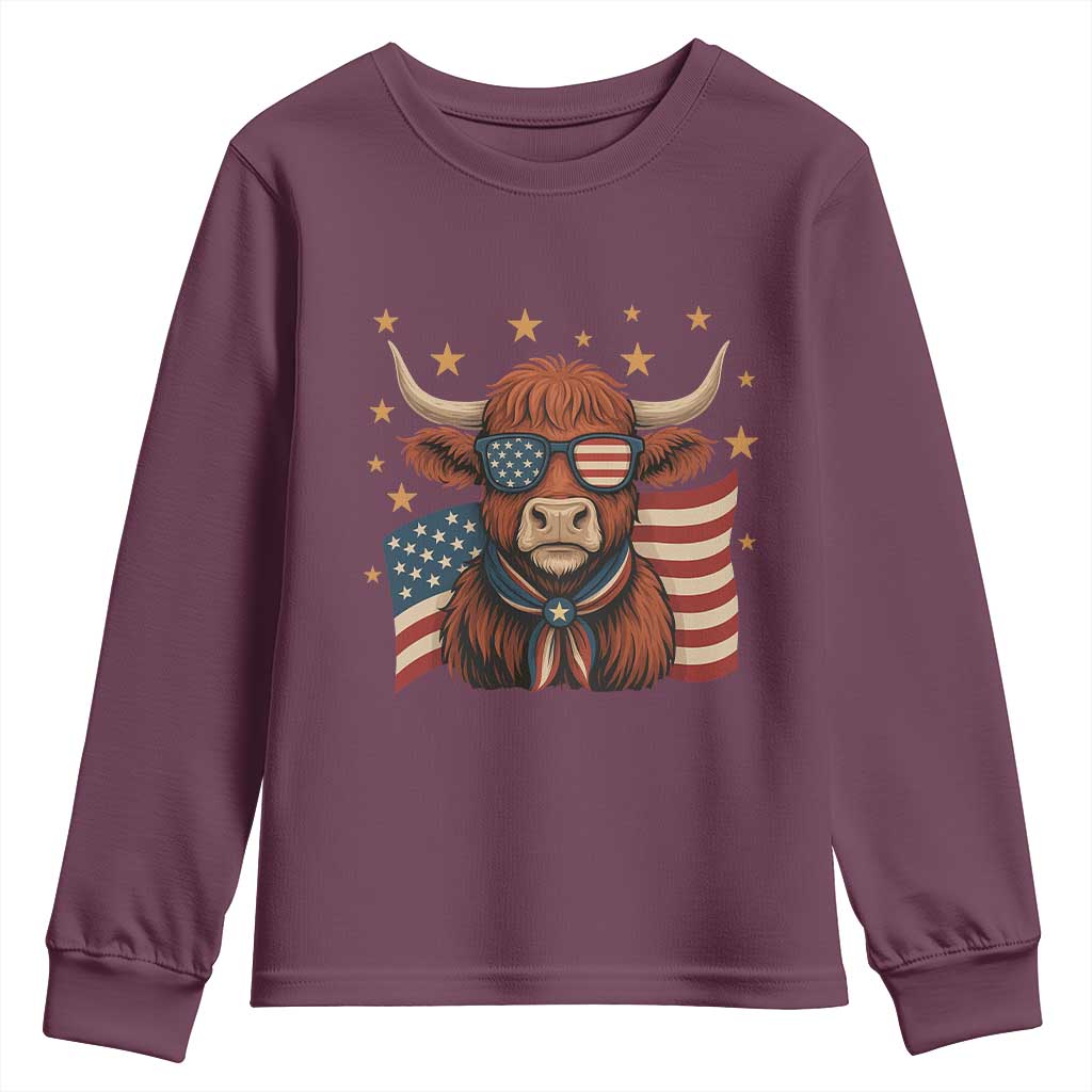 Funny Highland Cow Youth Sweatshirt USA Flag Patriotic Cow Farmer - Wonder Print Shop