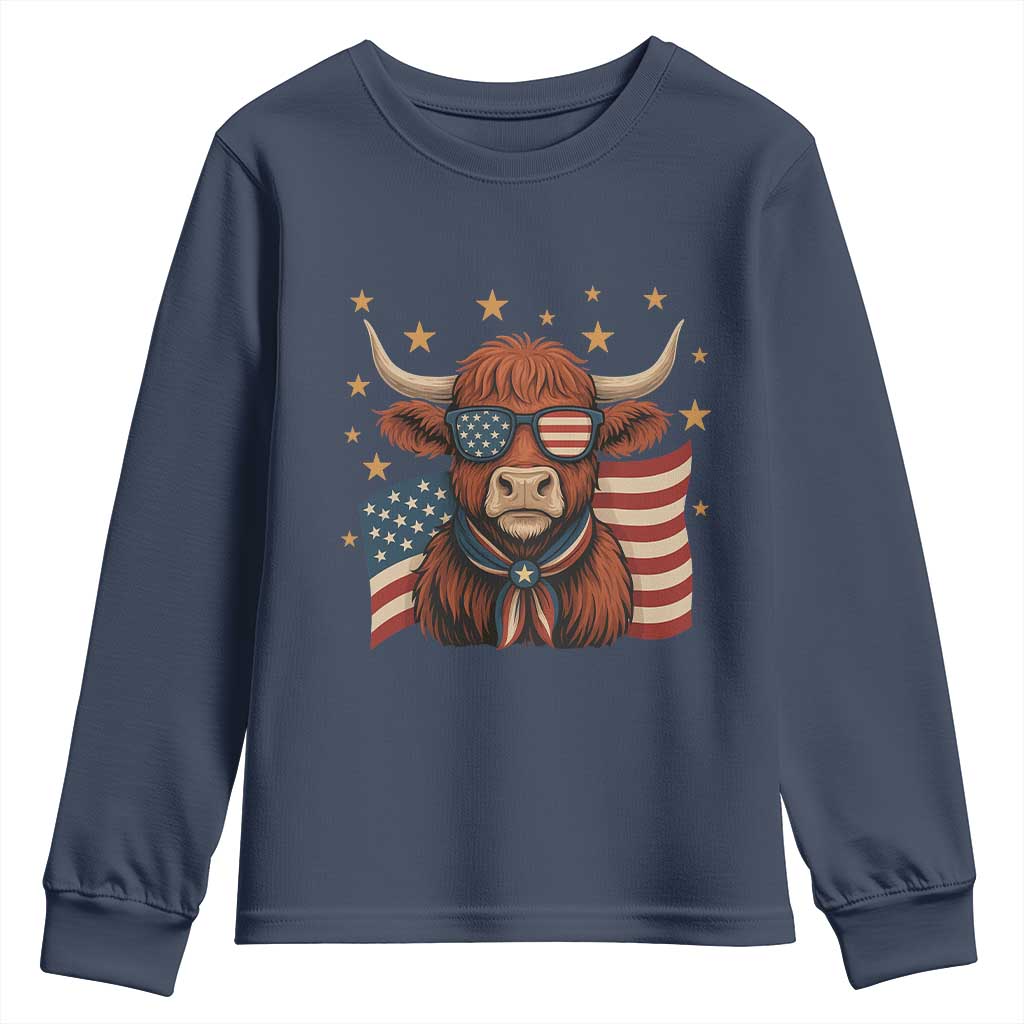 Funny Highland Cow Youth Sweatshirt USA Flag Patriotic Cow Farmer - Wonder Print Shop