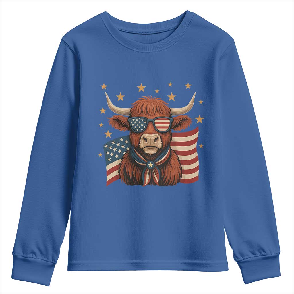 Funny Highland Cow Youth Sweatshirt USA Flag Patriotic Cow Farmer - Wonder Print Shop