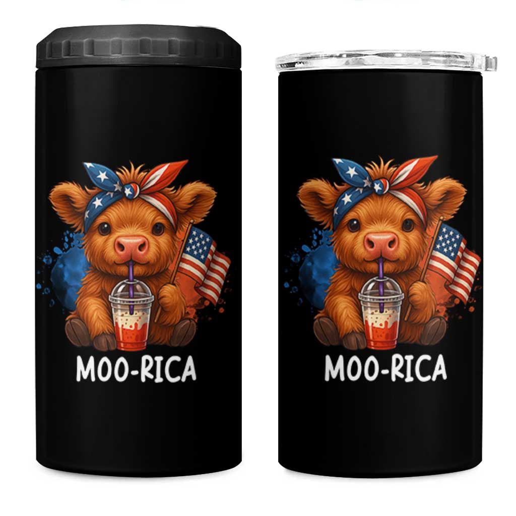 Funny Highland Cow Patriotic 4 in 1 Can Cooler Tumbler Moo Rica USA Flag Cow Farmer