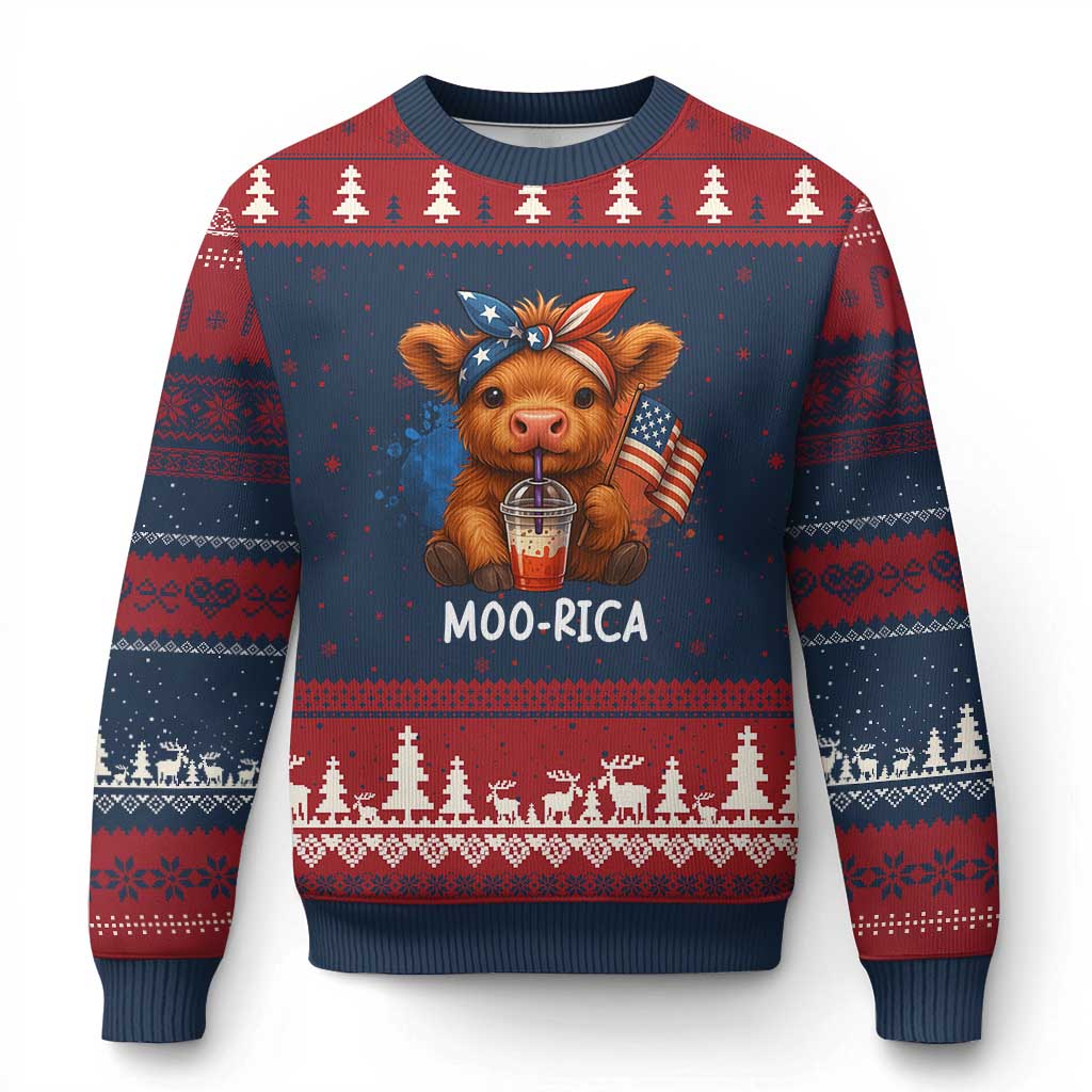 Funny Highland Cow Patriotic Ugly Christmas Sweater Moo Rica USA Flag Cow Farmer - Wonder Print Shop