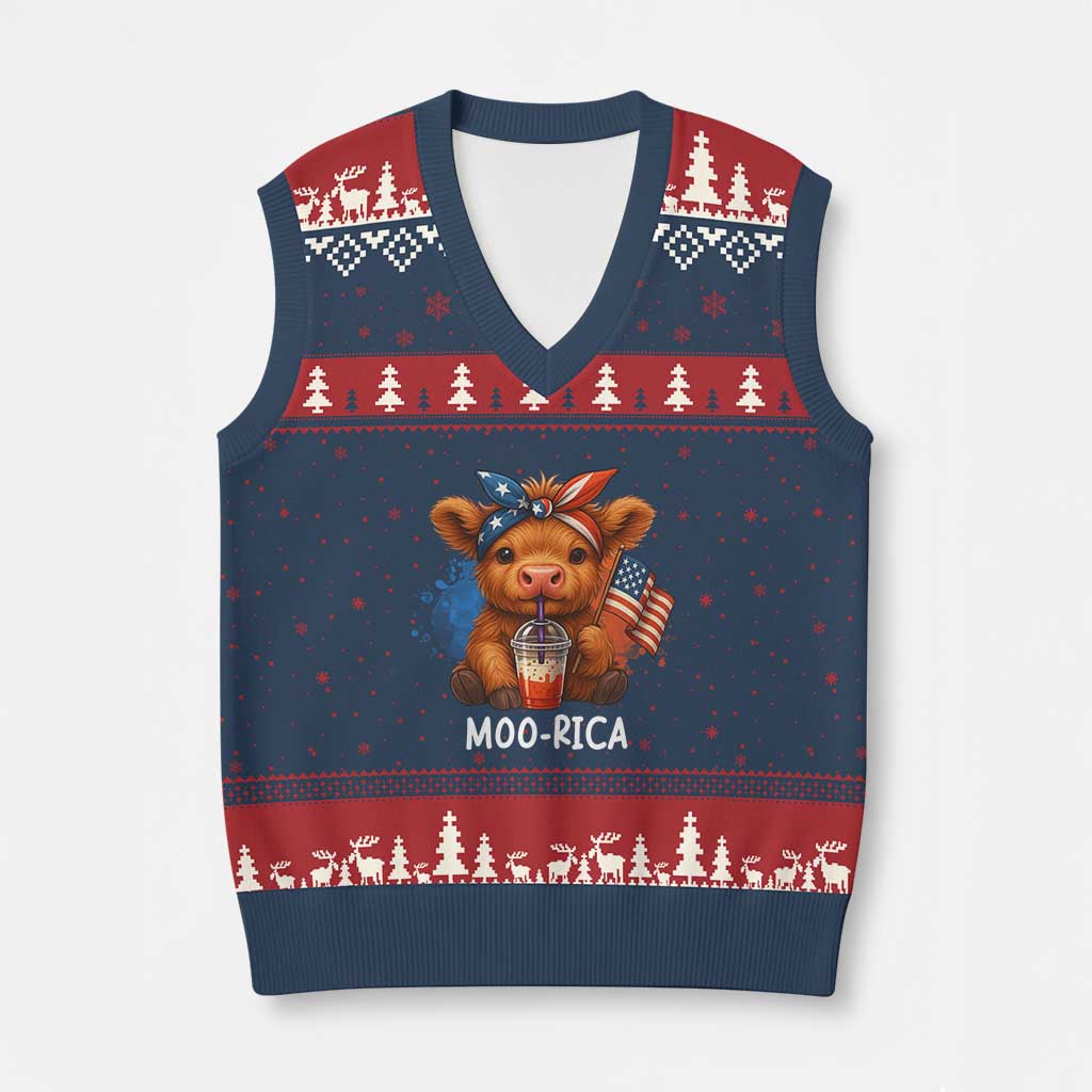 Funny Highland Cow Patriotic V-Neck Knit Sweater Vest Moo Rica USA Flag Cow Farmer - Wonder Print Shop