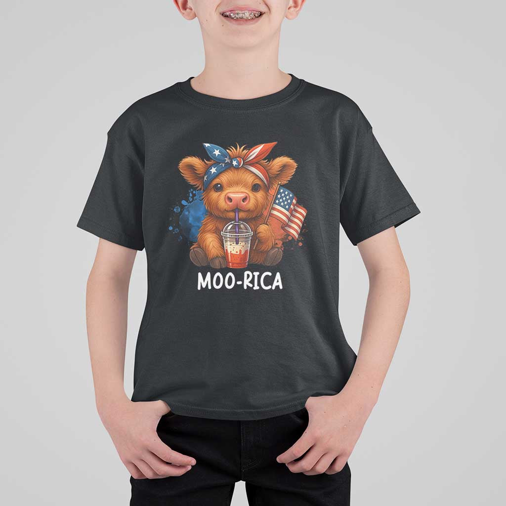 Funny Highland Cow Patriotic T Shirt For Kid Moo Rica USA Flag Cow Farmer - Wonder Print Shop