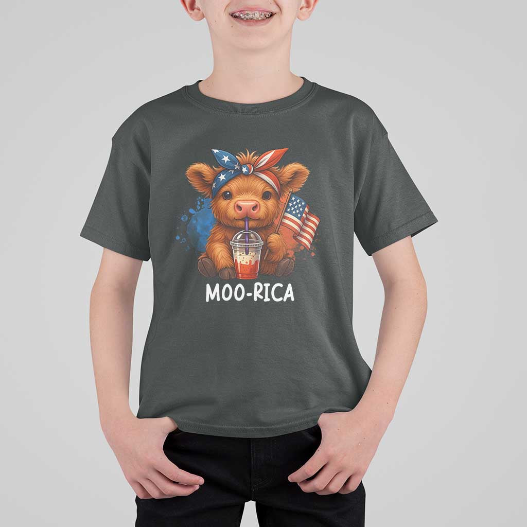 Funny Highland Cow Patriotic T Shirt For Kid Moo Rica USA Flag Cow Farmer - Wonder Print Shop
