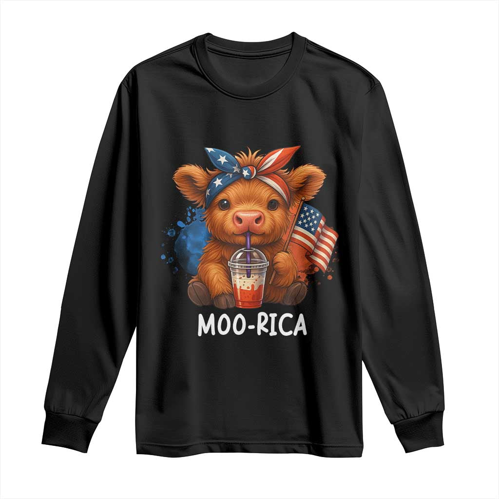 Funny Highland Cow Patriotic Long Sleeve Shirt Moo Rica USA Flag Cow Farmer - Wonder Print Shop