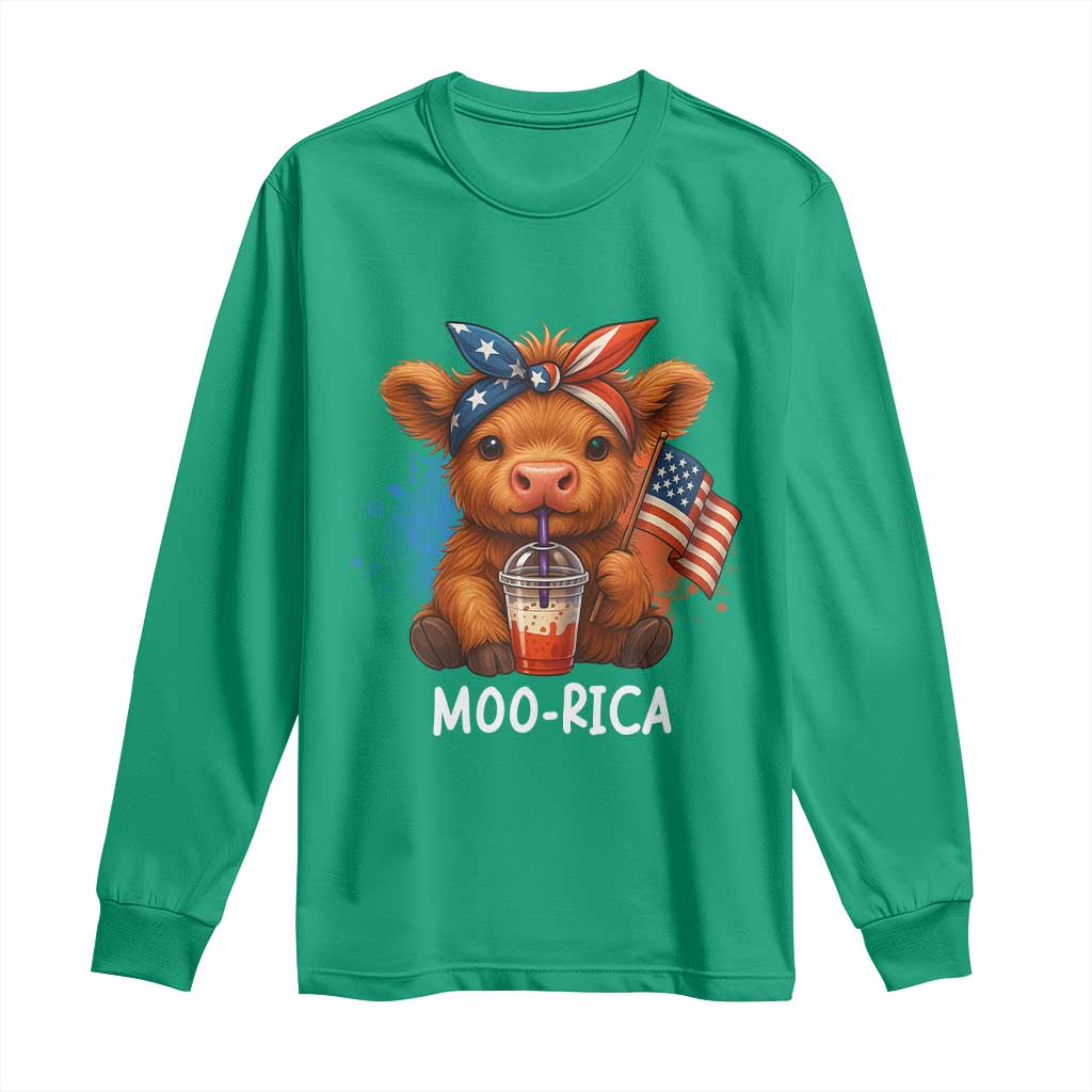 Funny Highland Cow Patriotic Long Sleeve Shirt Moo Rica USA Flag Cow Farmer - Wonder Print Shop