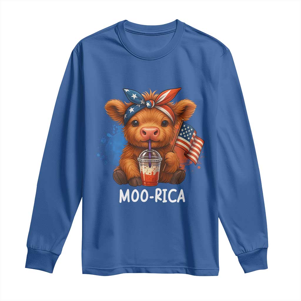 Funny Highland Cow Patriotic Long Sleeve Shirt Moo Rica USA Flag Cow Farmer - Wonder Print Shop